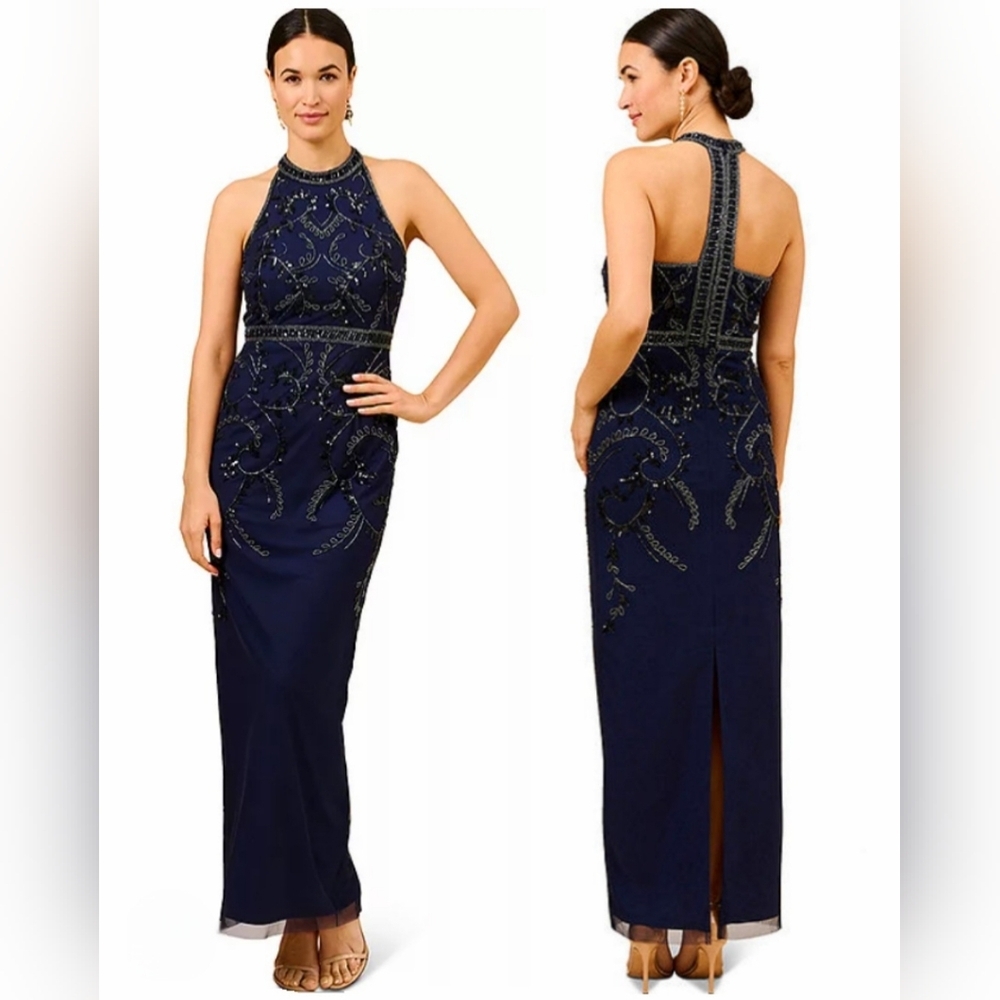 Adrianna Papell Navy Beaded Maxi Dress